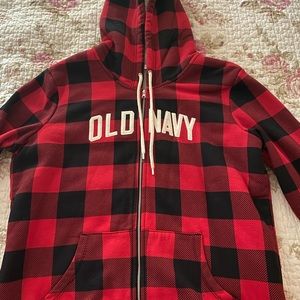 Old Navy Logo Red/Black Buffalo Check Fleece Lined Jacket Hood Women’s Sz Large